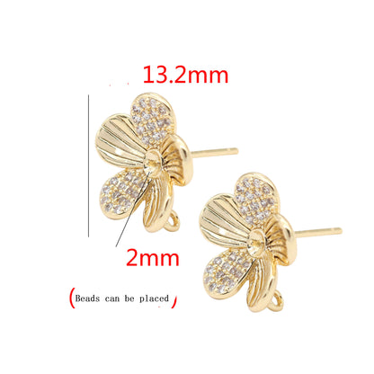 925 Silver Needle Parthenocissus Grass Zircon Stud Earrings Plated 14K Gold