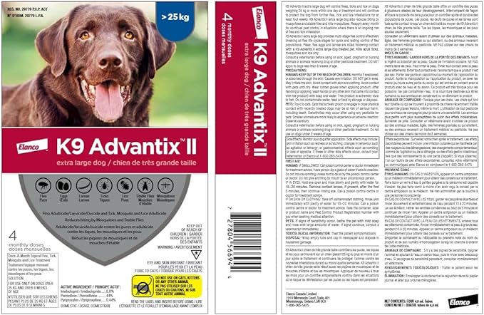 K9 Advantix II Flea and Tick Treatment for Extra Large Dogs weighing over 25 kg (over 55 lbs.)-4 doses