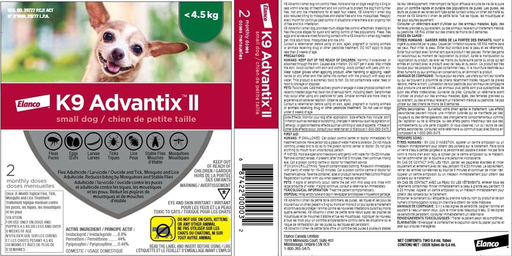 K9 Advantix II Flea & Tick Treatment for Small Dogs (<4.5 kg / <10 lbs) – 2 Doses